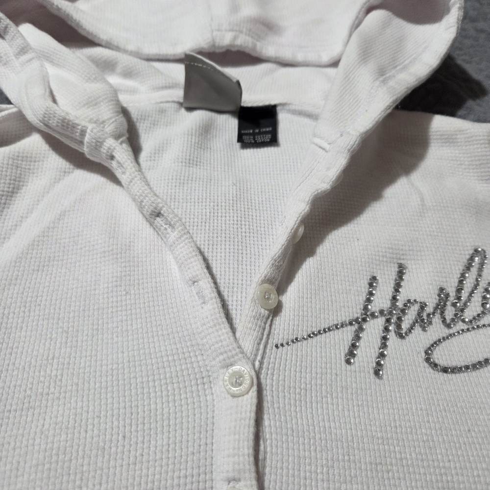 White Hooded Button-Up with Embellished Script,Lots Of Bling,Size MED!